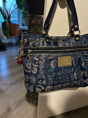 Coach Navy Tote with Gold Graffiti Accents and Cherry Charm